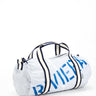 Duffle mini piccolo borsone con tracolla regolabile, colore bianco con manici a righe bianche e blu