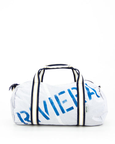 Duffle mini piccolo borsone colore bianco con manici a righe bianche e blu, rivelami